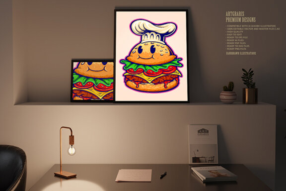 Burger chef food cartoon character logo mascot