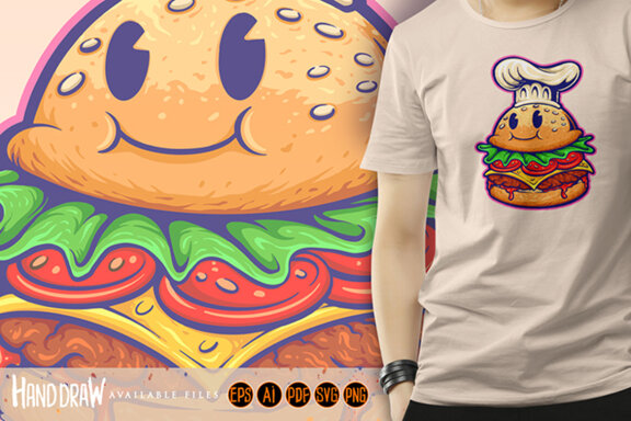 Burger chef food cartoon character logo mascot