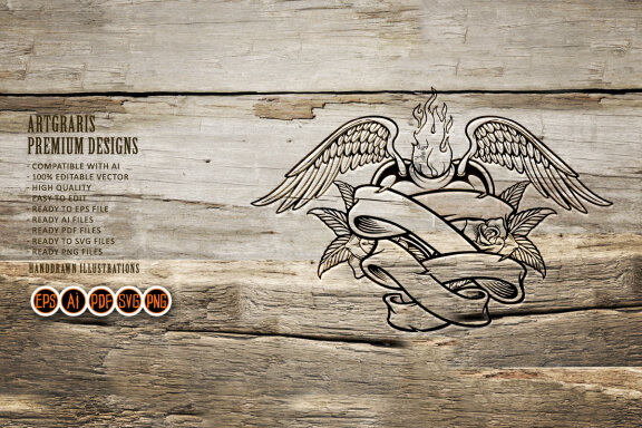 Flying classic ribbon with angel wing flower Silhouette