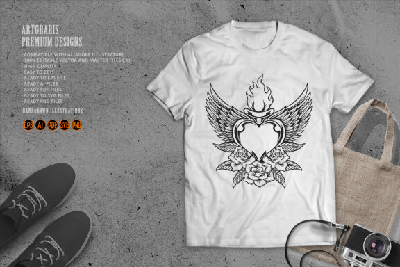 Silhouette Flying flower heart with eagle wings