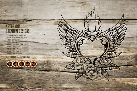 Silhouette Flying flower heart with eagle wings