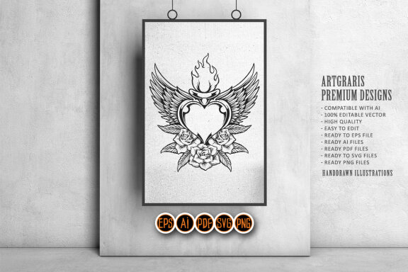 Silhouette Flying flower heart with eagle wings