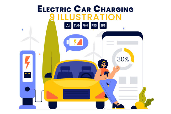 9 Electric Car Battery Charging Illustration