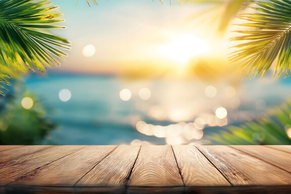 A warm wooden table surrounded by tropical palm leaves, with a blurred backdrop of a calm sea