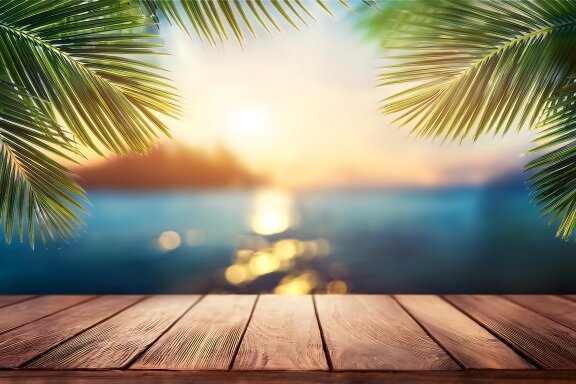 A warm wooden table surrounded by tropical palm leaves, with a blurred backdrop of a calm sea