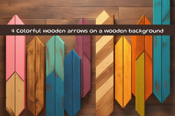 Colorful wooden arrows on a wooden background