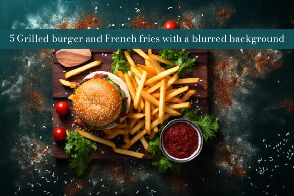 Grilled burger and french fries with a blurred background