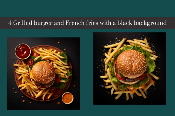 Grilled burger and french fries with a black background