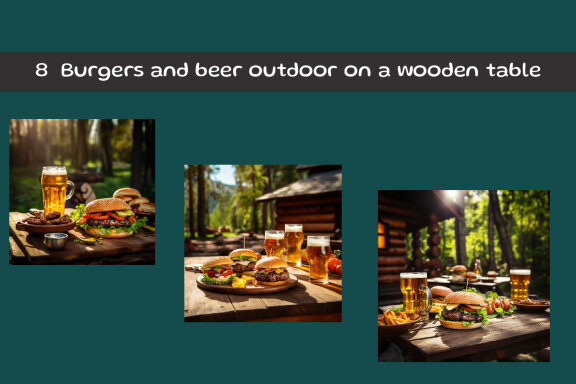  Burgers and beer outdoor on a wooden table