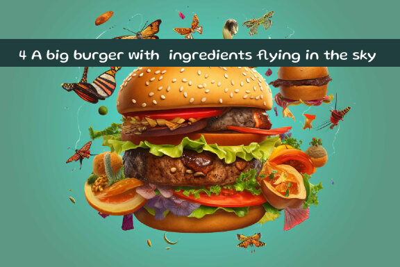 A big burger with ingredients flying in the sky