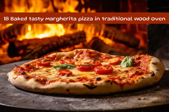 Baked tasty margherita pizza in traditional wooden table