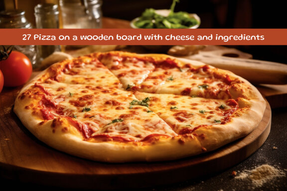 Pizza on a wooden board with cheese and ingredients