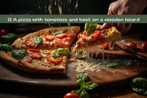 A pizza with tomatoes and basil on a wooden board