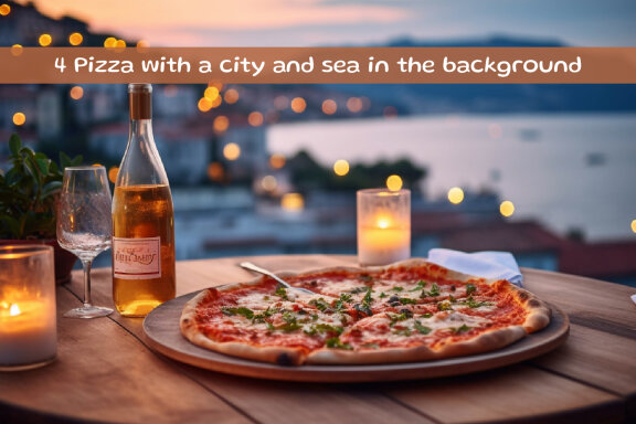 Pizza with a city and sea in the background