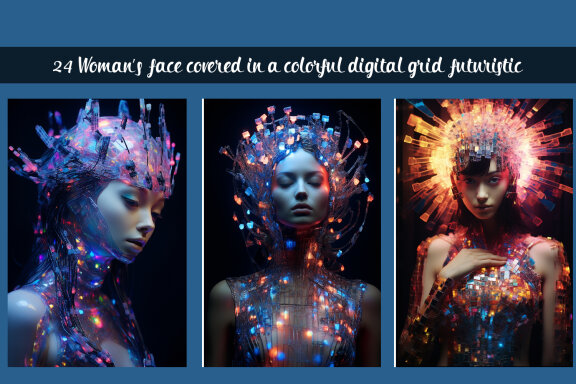 Womans face covered in a colorful digital grid futuristic