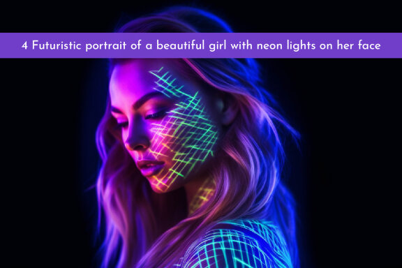Futuristic portrait of a beautiful girl with neon lights on her face