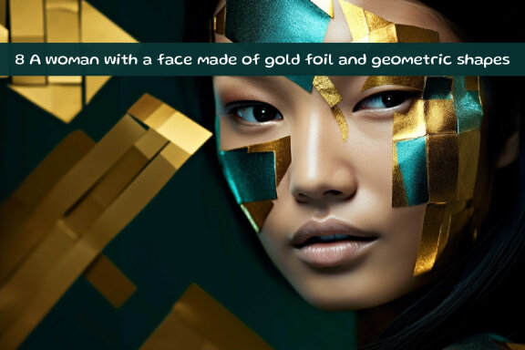 A woman with a face made of gold foil and geometric shapes