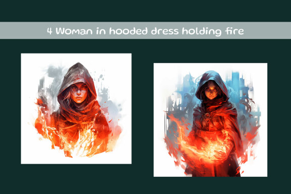Woman in hooded dress holding fire