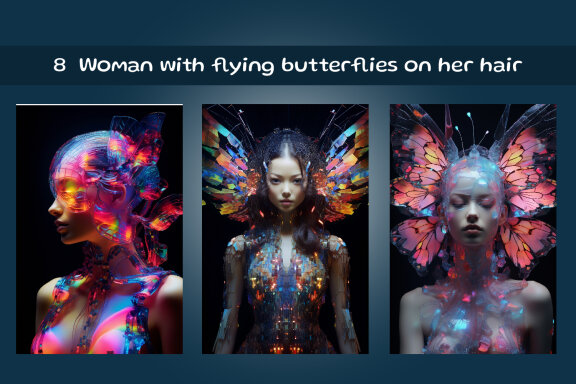 Woman with flying butterflies on her hair