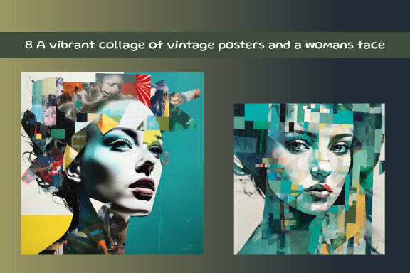 A vibrant collage of vintage posters and a womans face