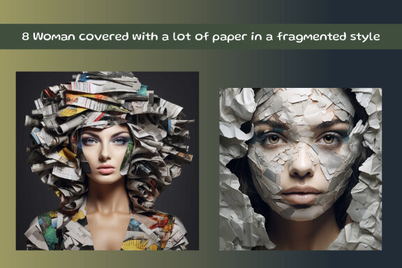 Woman covered with a lot of paper in a fragmented style