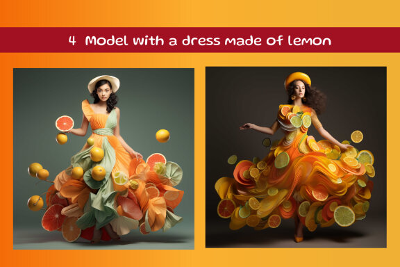 Model with a dress made of lemon and orange