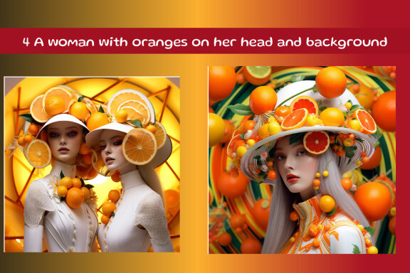 A woman with oranges on her head and background
