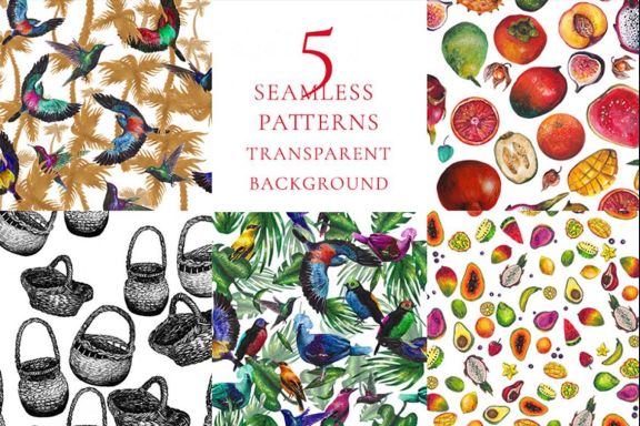 Seamless patterns, exotic watercolor fruits