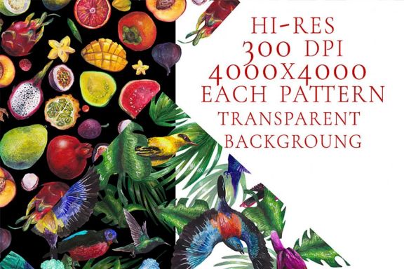 Seamless patterns, exotic watercolor fruits