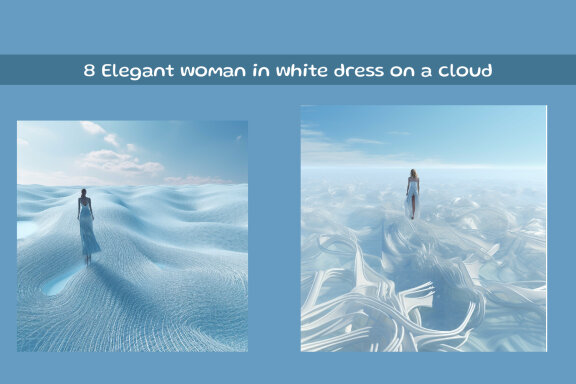 Elegant woman in white dress on a cloud