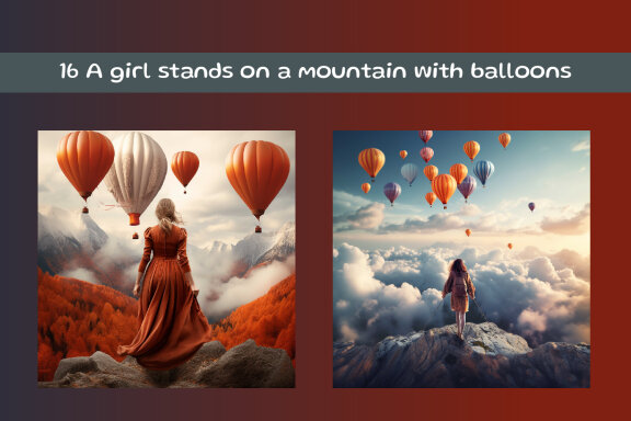 A girl stands on a mountain with balloons