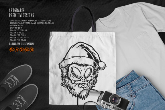 Silhouette Mustached alien head santa