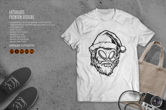 Silhouette Mustached alien head santa
