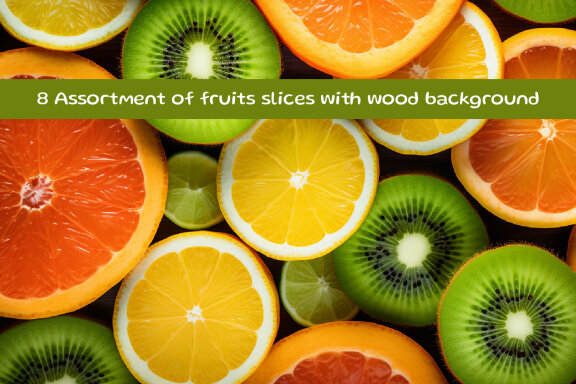 Assortment of fruits slices with wood background