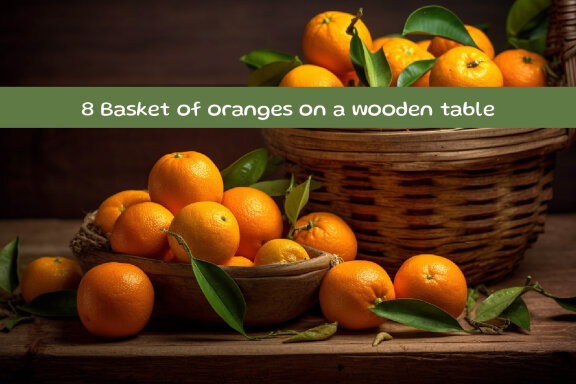 Basket of oranges on a wooden table