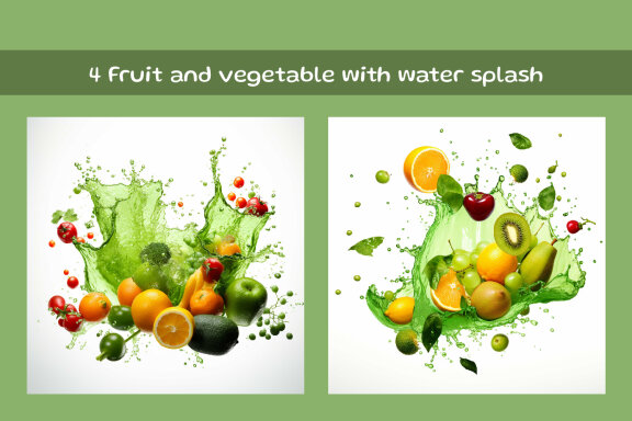 Fruit and vegetable with water splash