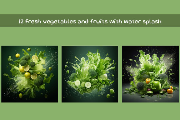 Fresh vegetables and fruits with water splash