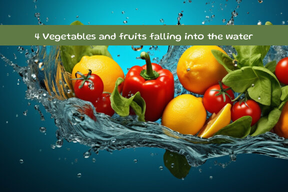 Vegetables and fruits falling into the water