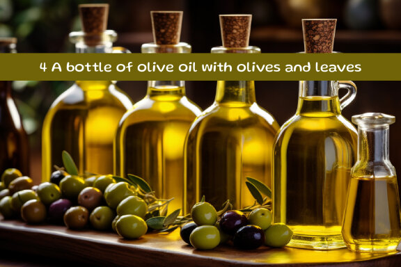 A bottle of olive oil with olives and leaves