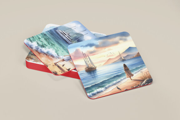 Woman and Sea Landscape Square Coasters Designs