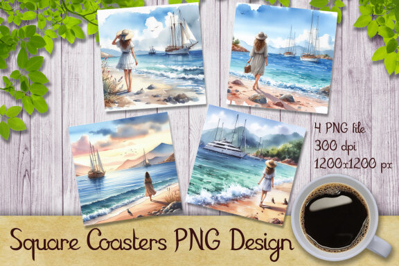 Woman and Sea Landscape Square Coasters Designs