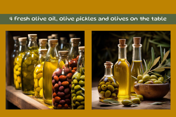 Fresh olive oil, olive pickles and olives on the table