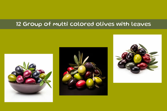 Group of multi colored olives with leaves
