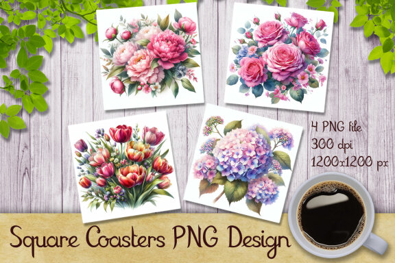 Watercolor Flowers Square Coaster Design