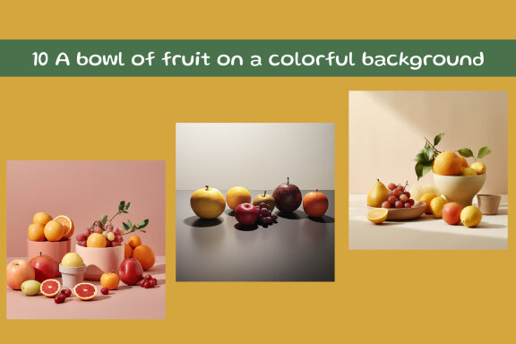 A bowl of fruit on a yellow background