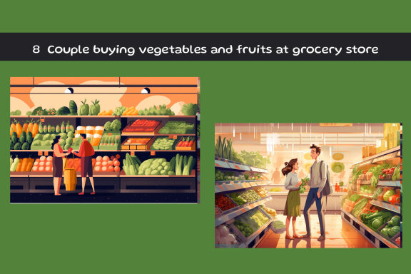 Couple buying vegetables and fruits at grocery store
