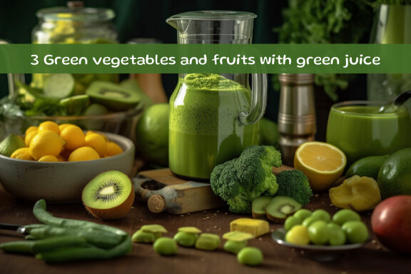 Green vegetables and fruits with green juice