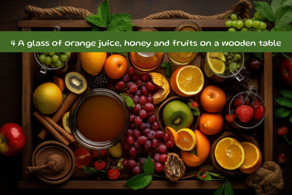A glass of orange juice, honey and fruits on a wooden table