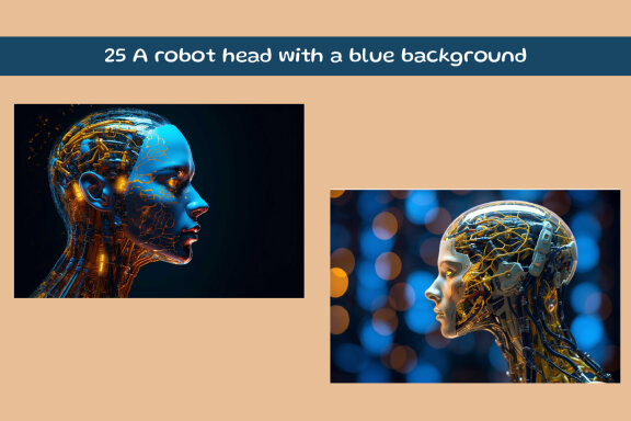 A robot head with a blue background