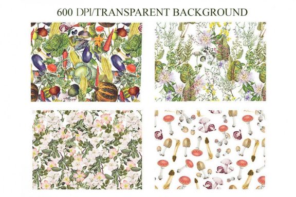 Retro botanical plants, vegetables and mushrooms patterns set
